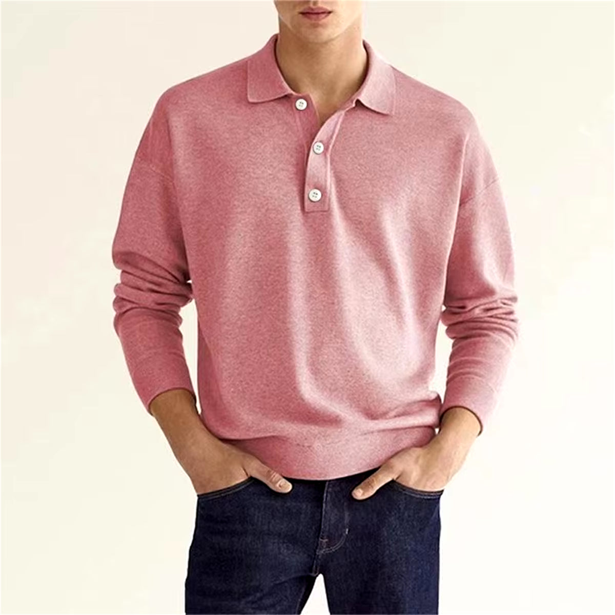 Spring and Autumn New Style Men'S Business Leisure Office Relaxed Breathable Solid Color Button V-Neck Long-Sleeved Polo Shirt