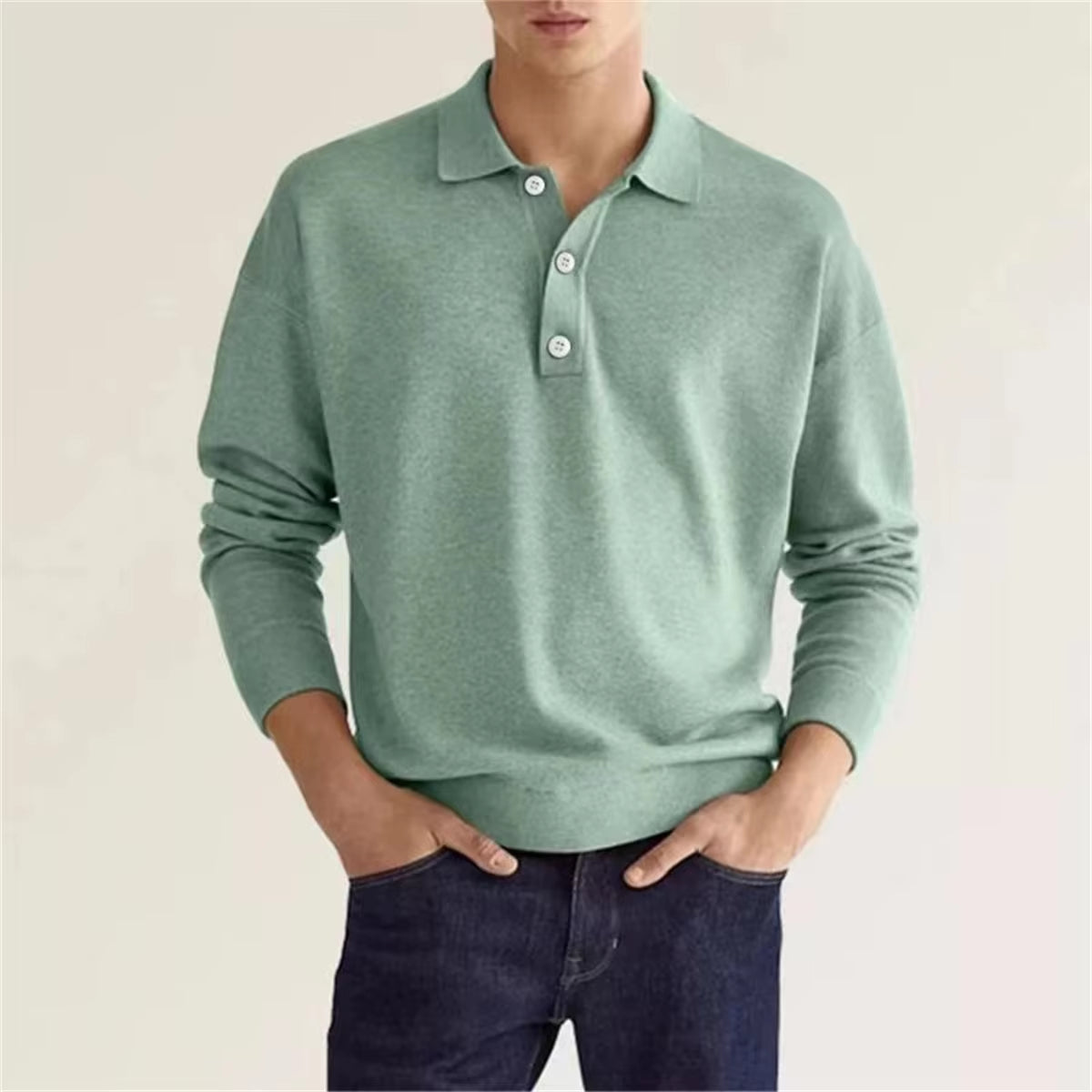 Spring and Autumn New Style Men'S Business Leisure Office Relaxed Breathable Solid Color Button V-Neck Long-Sleeved Polo Shirt