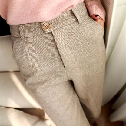 Herringbone Woolen Pants Women'S Harem Pencil Pants 2022 Autumn Winter High Waisted Casual Suit Pants Office Lady Women Trousers