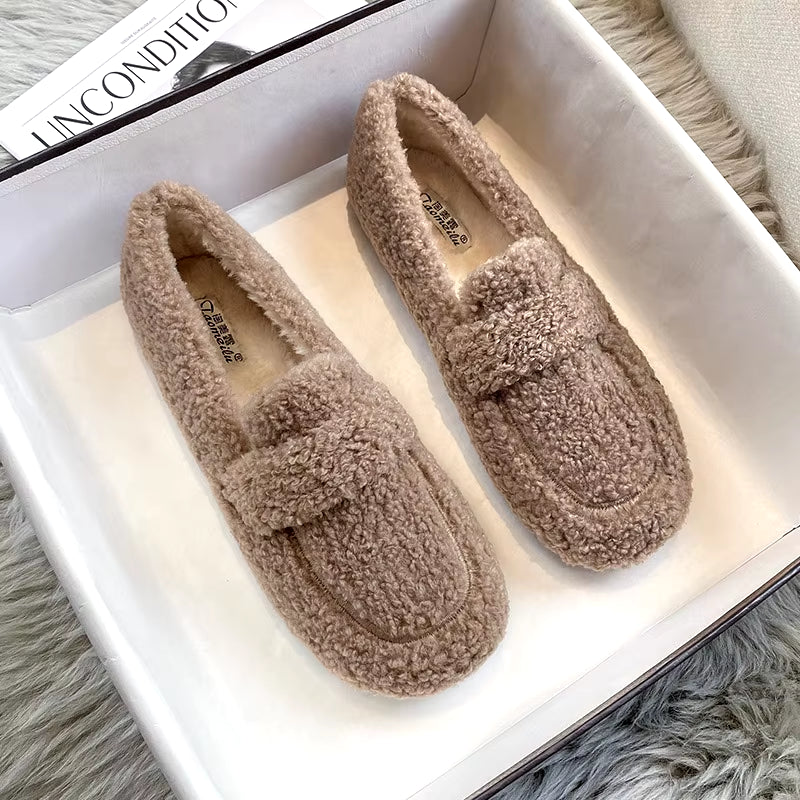 2022 Ladies Luxury Lambswool Loafers Moccasins Femme Winter Cotton Shoes Women Warm Plush Slip on Curly Furry Sheep Fur Flats