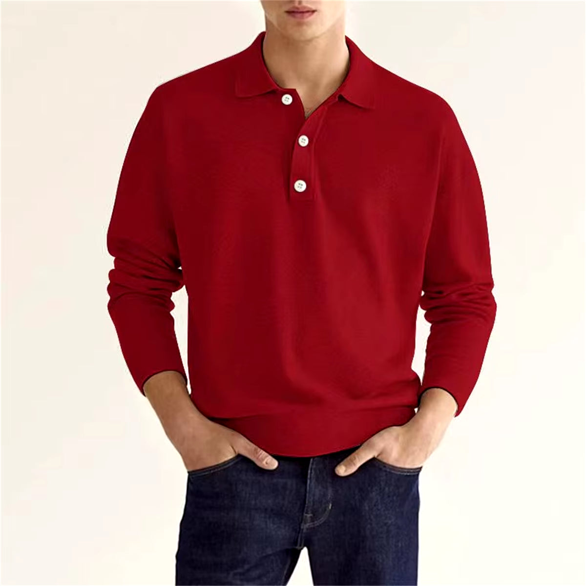 Spring and Autumn New Style Men'S Business Leisure Office Relaxed Breathable Solid Color Button V-Neck Long-Sleeved Polo Shirt