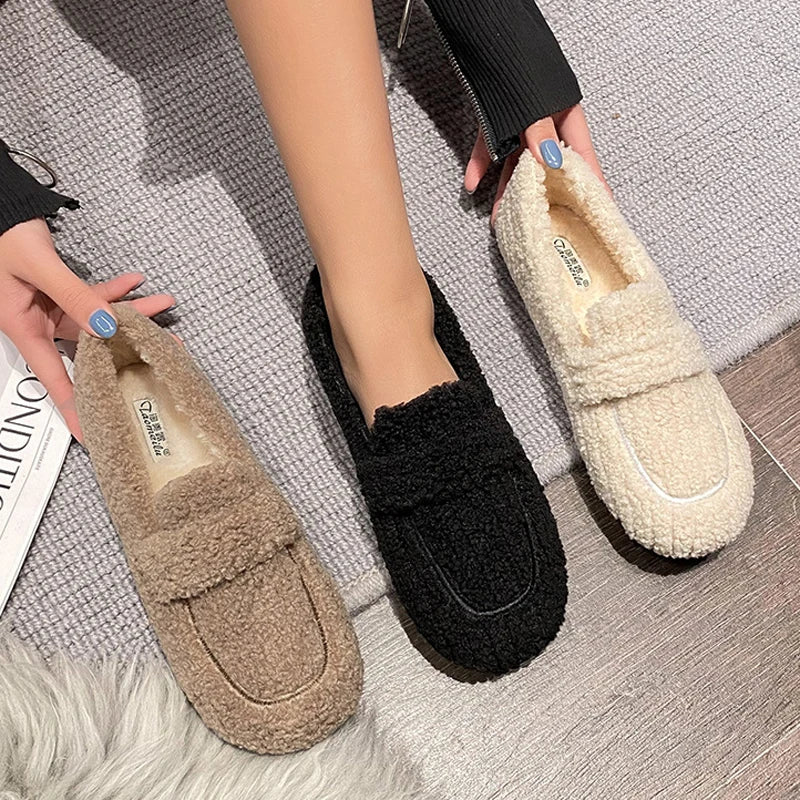 2022 Ladies Luxury Lambswool Loafers Moccasins Femme Winter Cotton Shoes Women Warm Plush Slip on Curly Furry Sheep Fur Flats