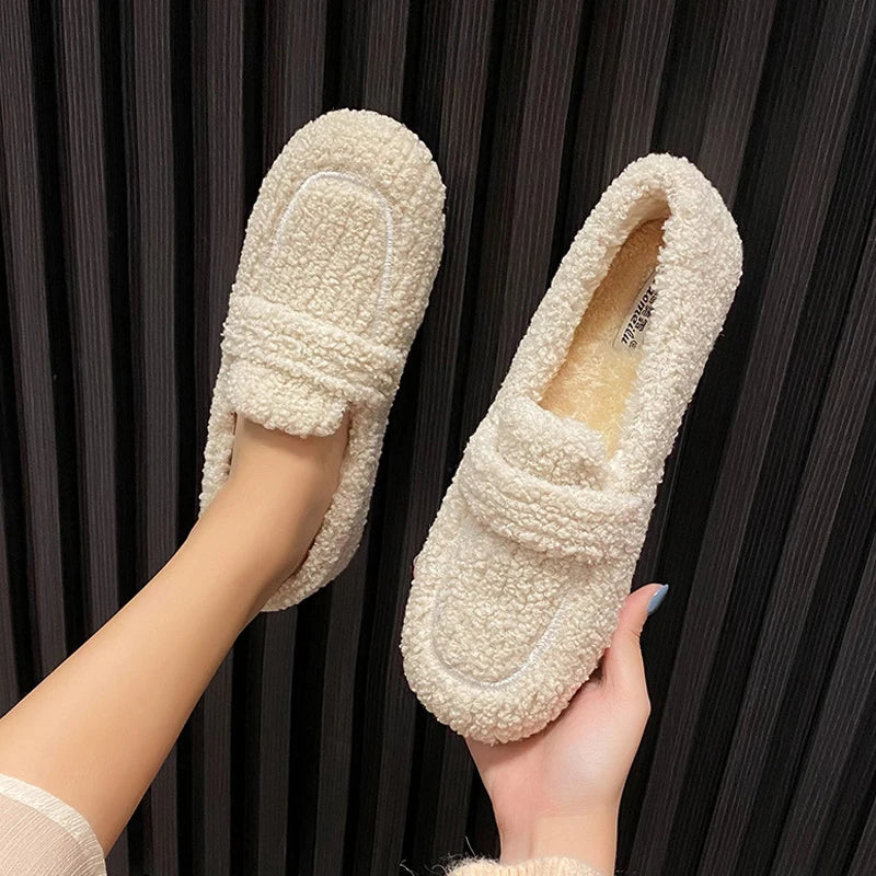 2022 Ladies Luxury Lambswool Loafers Moccasins Femme Winter Cotton Shoes Women Warm Plush Slip on Curly Furry Sheep Fur Flats