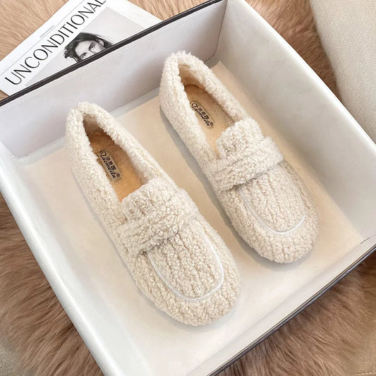 2022 Ladies Luxury Lambswool Loafers Moccasins Femme Winter Cotton Shoes Women Warm Plush Slip on Curly Furry Sheep Fur Flats