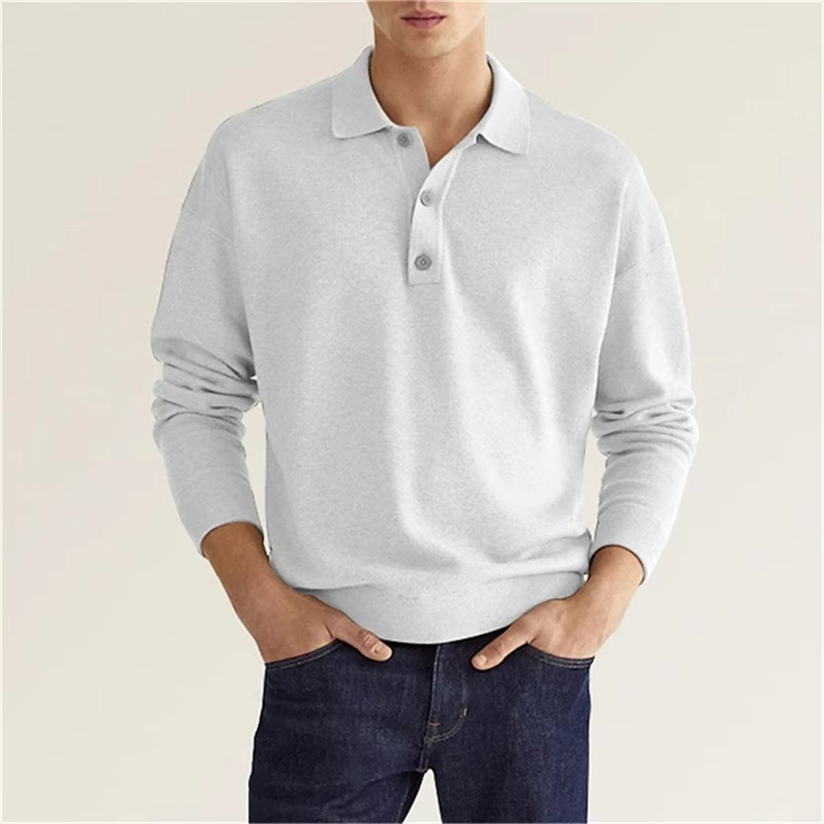 Spring and Autumn New Style Men'S Business Leisure Office Relaxed Breathable Solid Color Button V-Neck Long-Sleeved Polo Shirt