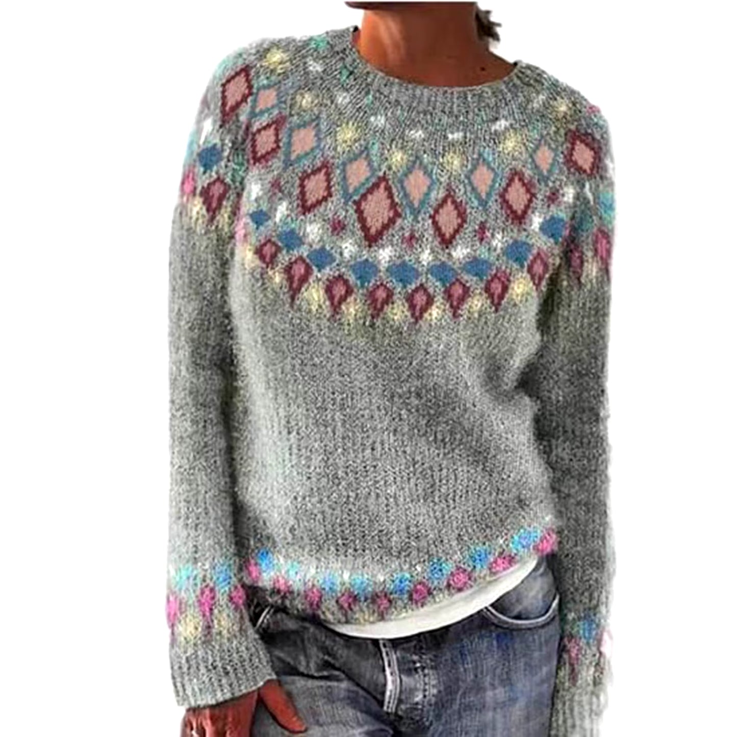 Ladies Printed Pullover Sweater Winter Autumn Casual Loose round Neck Long Sleeve Knit Jumper Colour Blocking Christmas Top 니트