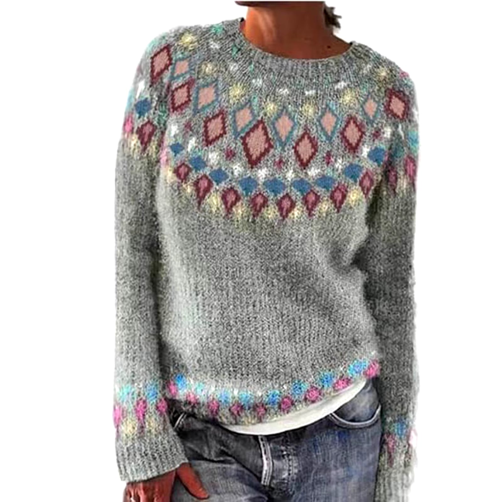 Ladies Printed Pullover Sweater Winter Autumn Casual Loose round Neck Long Sleeve Knit Jumper Colour Blocking Christmas Top 니트