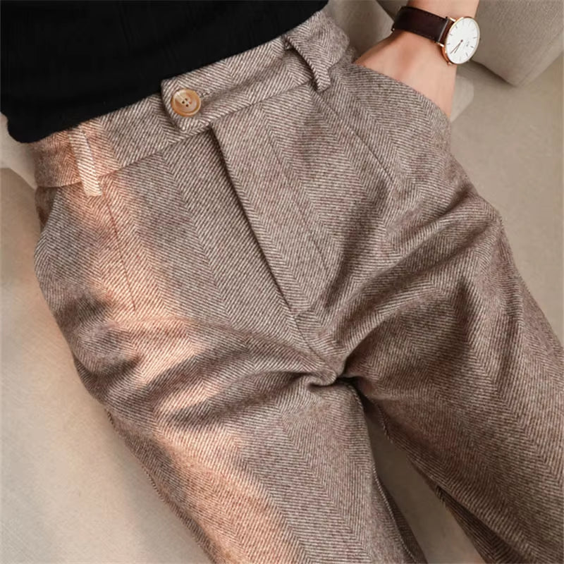 Herringbone Woolen Pants Women'S Harem Pencil Pants 2022 Autumn Winter High Waisted Casual Suit Pants Office Lady Women Trousers