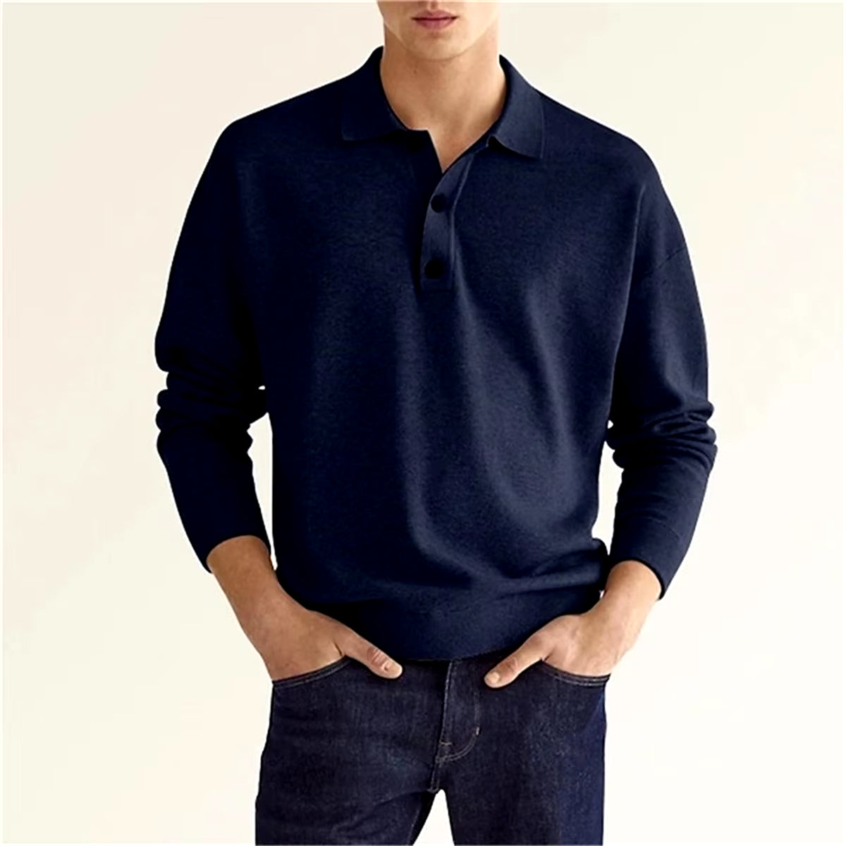 Spring and Autumn New Style Men'S Business Leisure Office Relaxed Breathable Solid Color Button V-Neck Long-Sleeved Polo Shirt