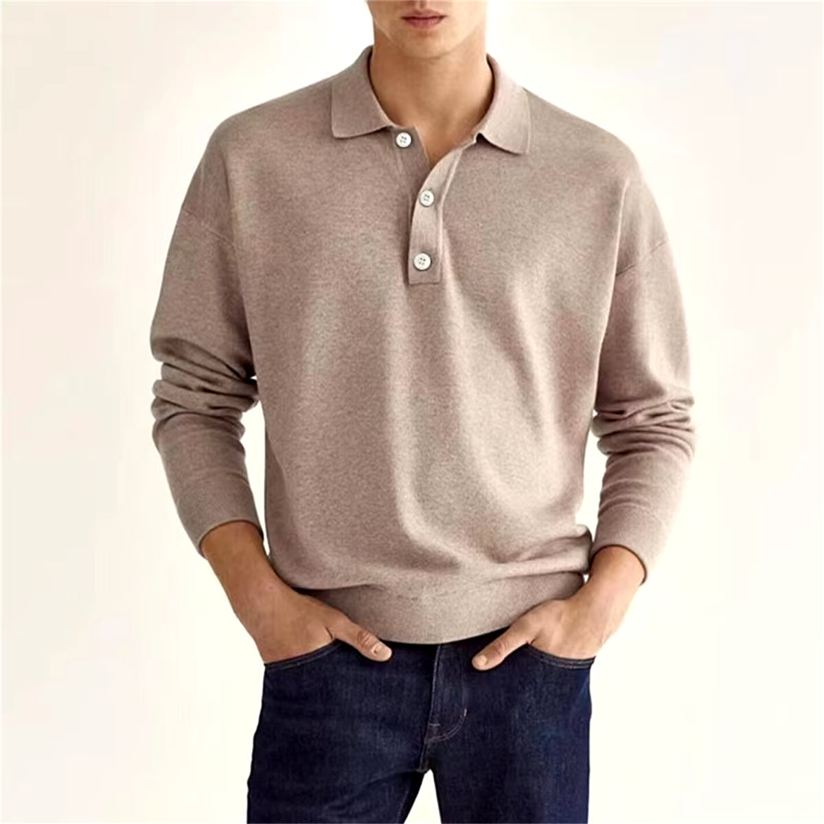 Spring and Autumn New Style Men'S Business Leisure Office Relaxed Breathable Solid Color Button V-Neck Long-Sleeved Polo Shirt